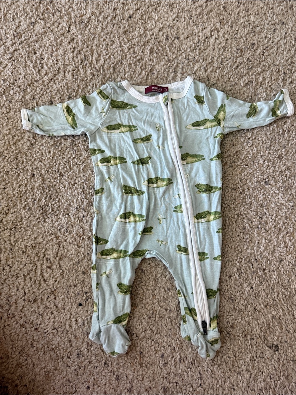 Milkbarn Light Blue Frog-Print Zip Footed One-Piece